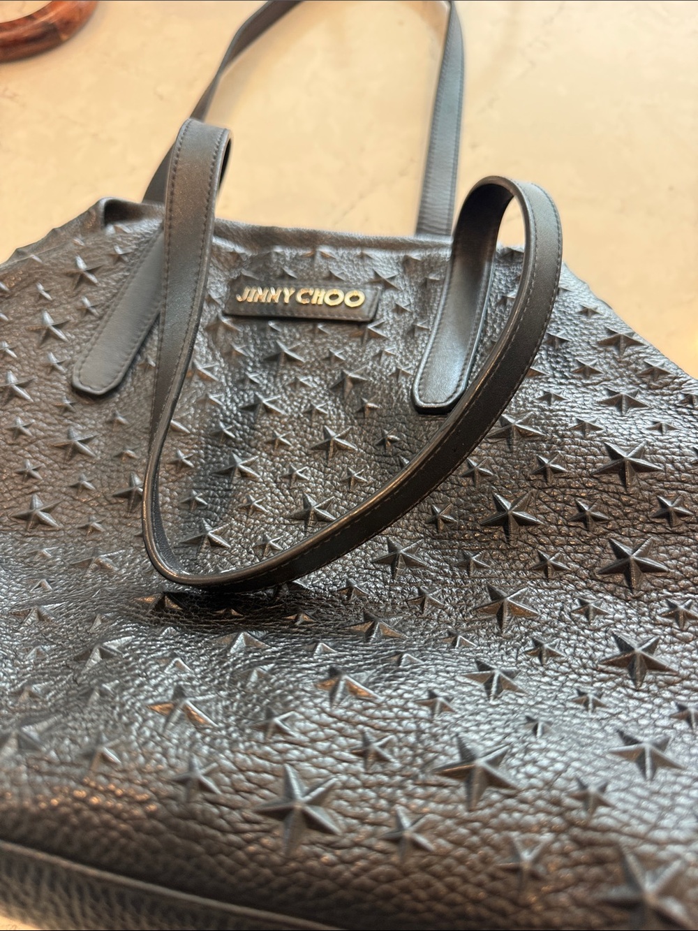 Jimmy Choo Black Star-Textured Leather Tote with Double Straps